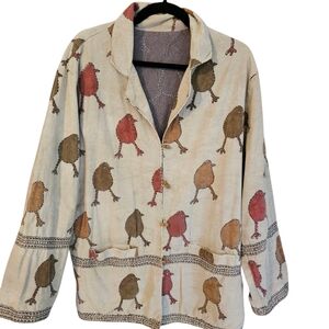Handmade Natural Fabric Light Beige Bird Patterned Jacket Novelty Print, L